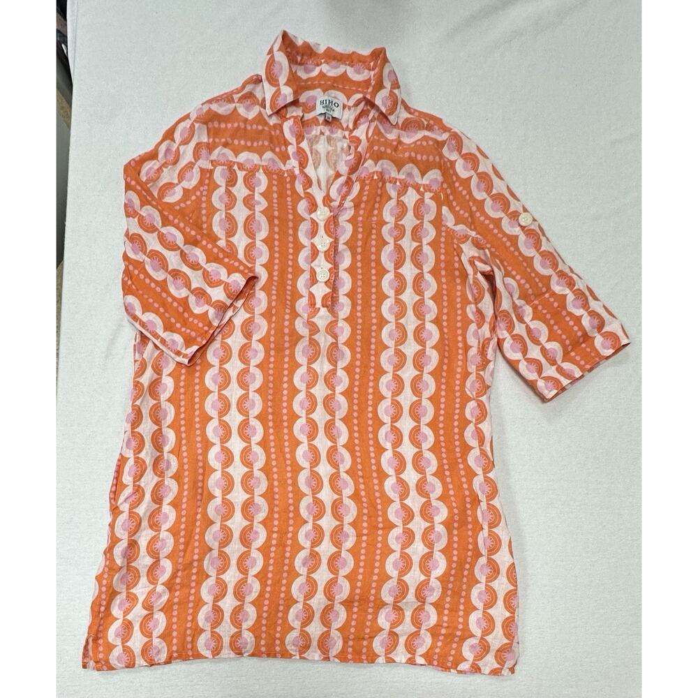 HIHO Tortola Button Front Linen Dress M Orange Coral Print Resortwear Beach Vaca - Picture 7 of 10